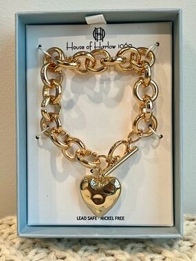 House of Harlow 1960 Gold Chunky Chain Heart Charm Bracelet Toggle Statement NWT